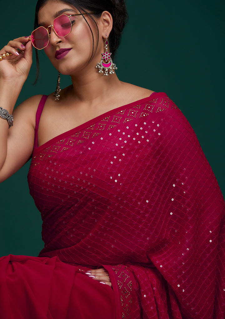 Rani Pink Sequins Georgette Saree - Koskii