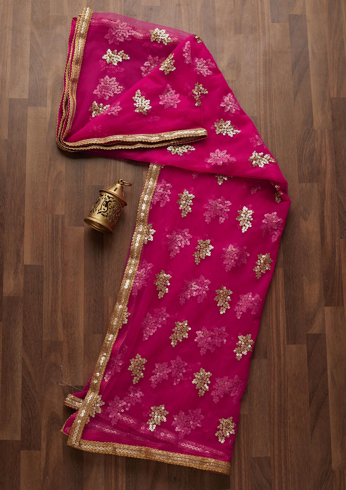 Rani Pink Sequins Net Readymade Dupatta- Koskii