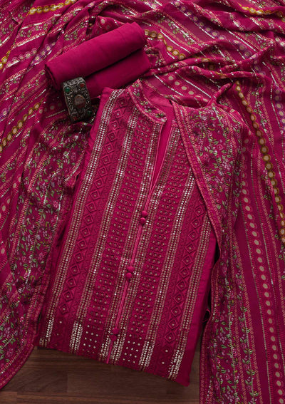 Rani Pink Sequins Semi Crepe Designer Semi-Stitched Salwar Suit - Koskii