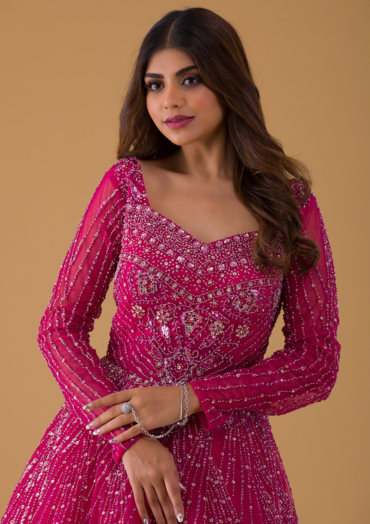 Rani Pink Color Sequins And Thread Embroidery Work Georgette
