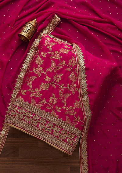 Rani Pink Stonework Chanderi Designer Unstitched Salwar Suit - Koskii