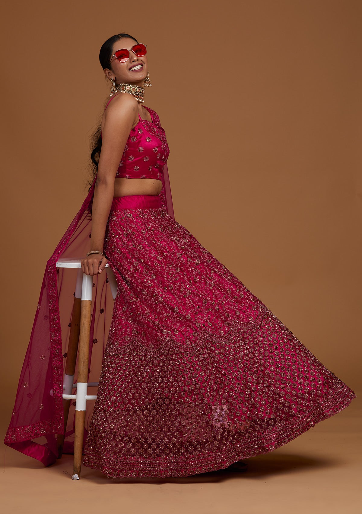 Rani Pink Stonework Net Designer Lehenga-Koskii
