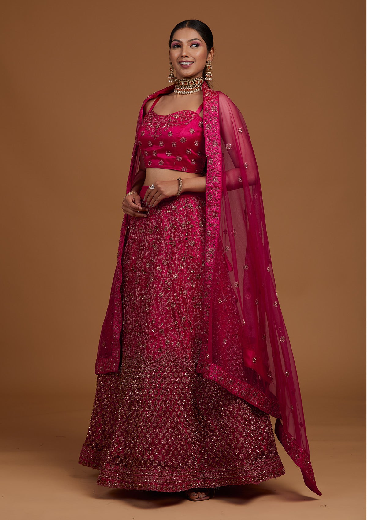 Rani Pink Stonework Net Designer Lehenga-Koskii