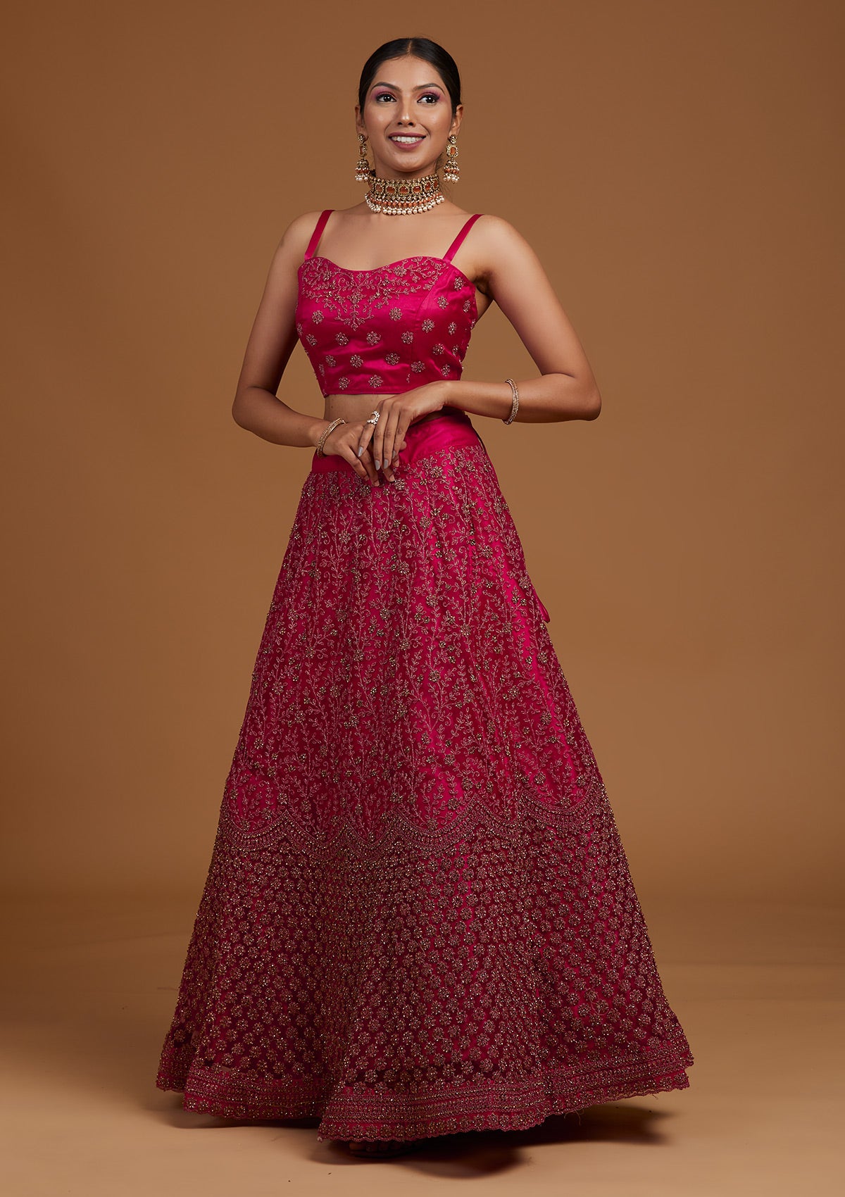 Rani Pink Stonework Net Designer Lehenga-Koskii