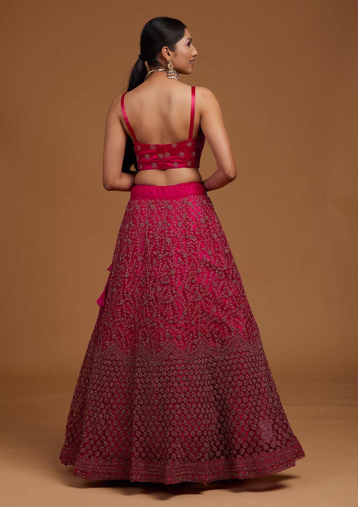 Rani Pink Stonework Net Designer Lehenga-Koskii