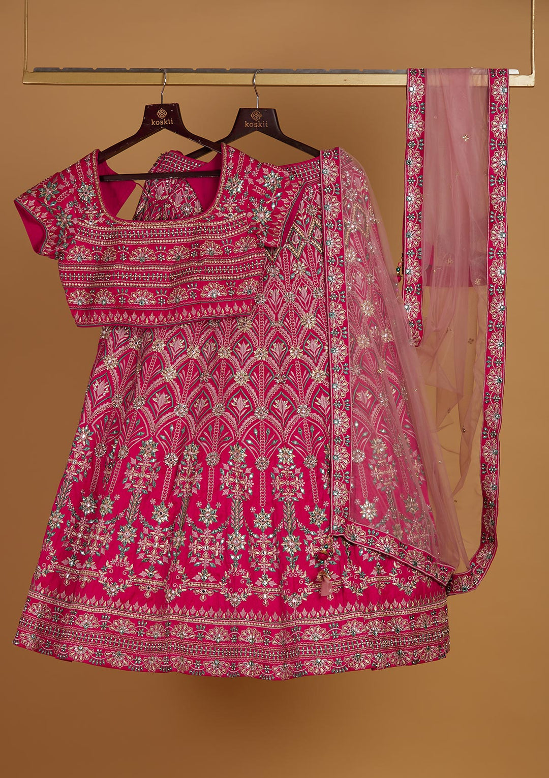 Rani Pink Stonework Raw Silk Designer Readymade Lehenga - Koskii