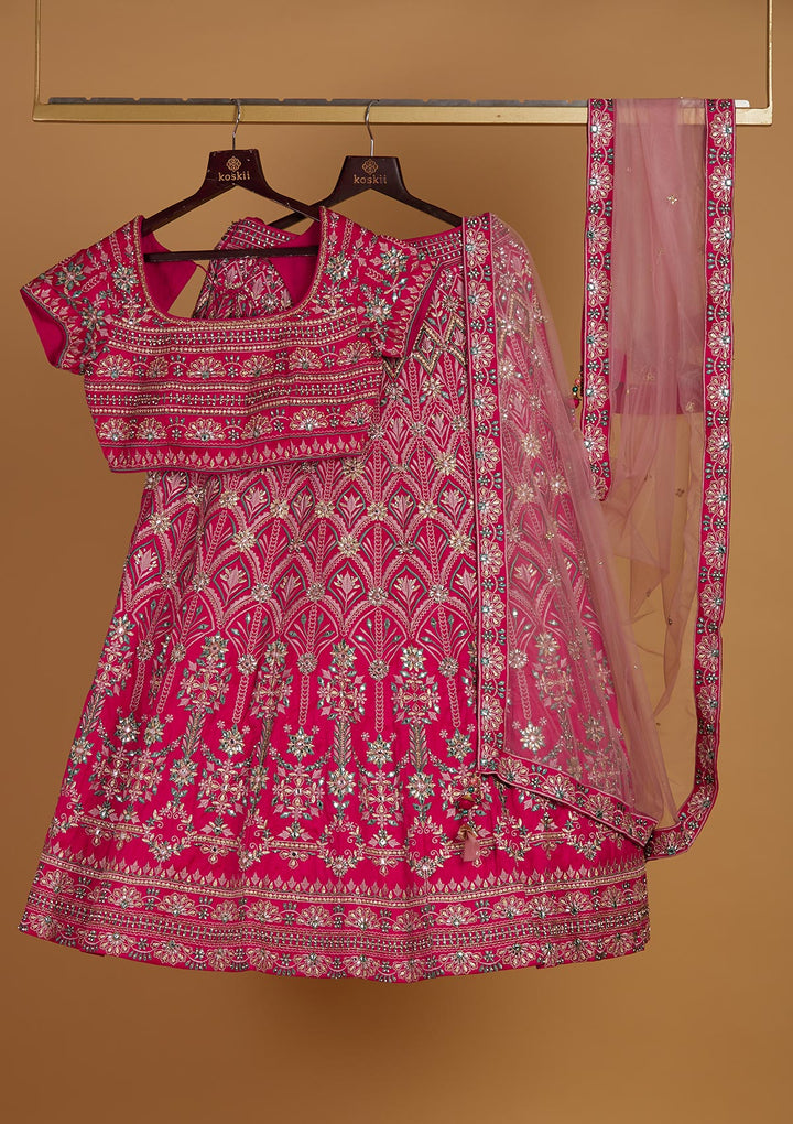 Rani Pink Stonework Raw Silk Designer Readymade Lehenga - Koskii