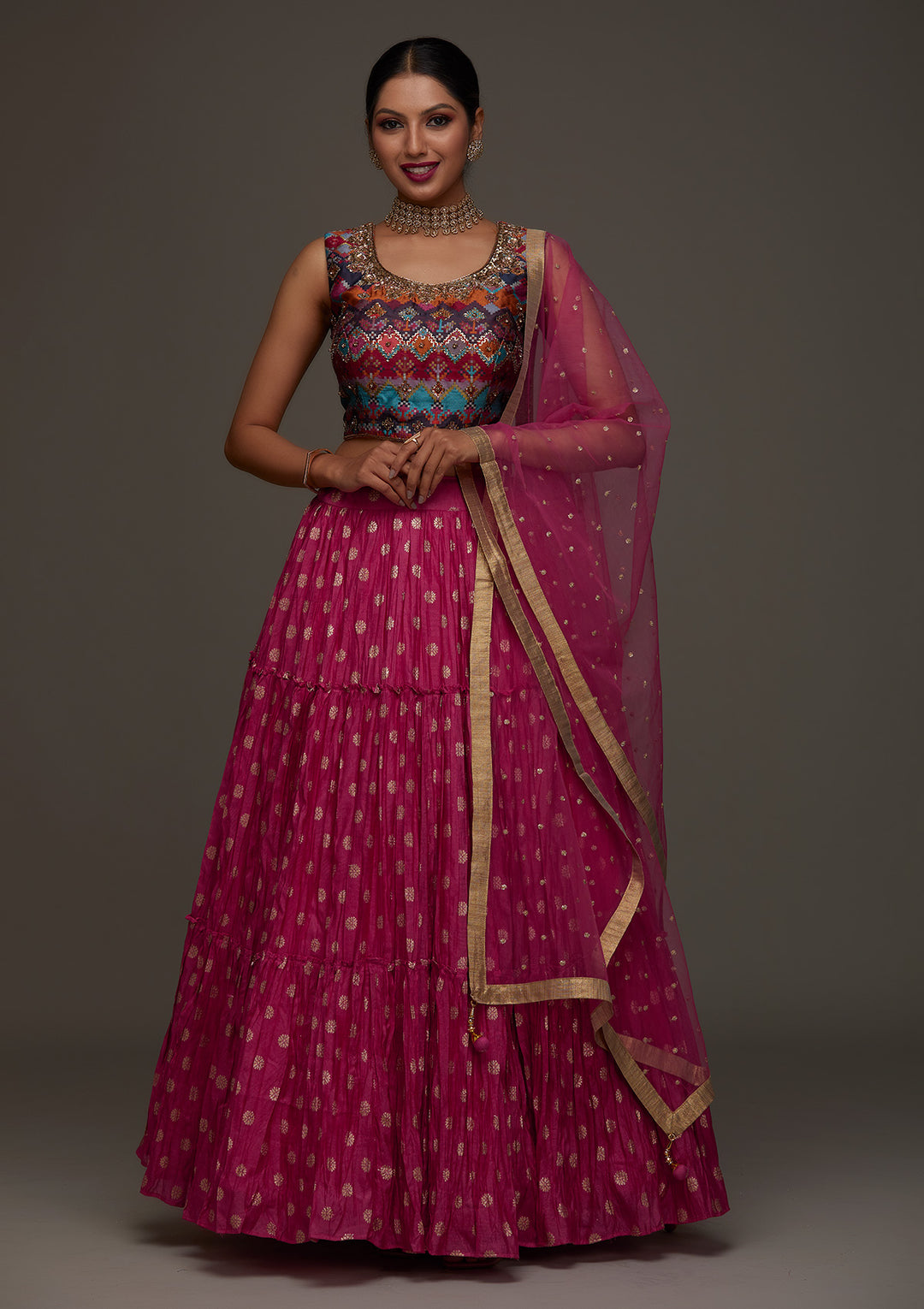 Rani Pink Stonework Raw Silk Designer Lehenga- Koskii