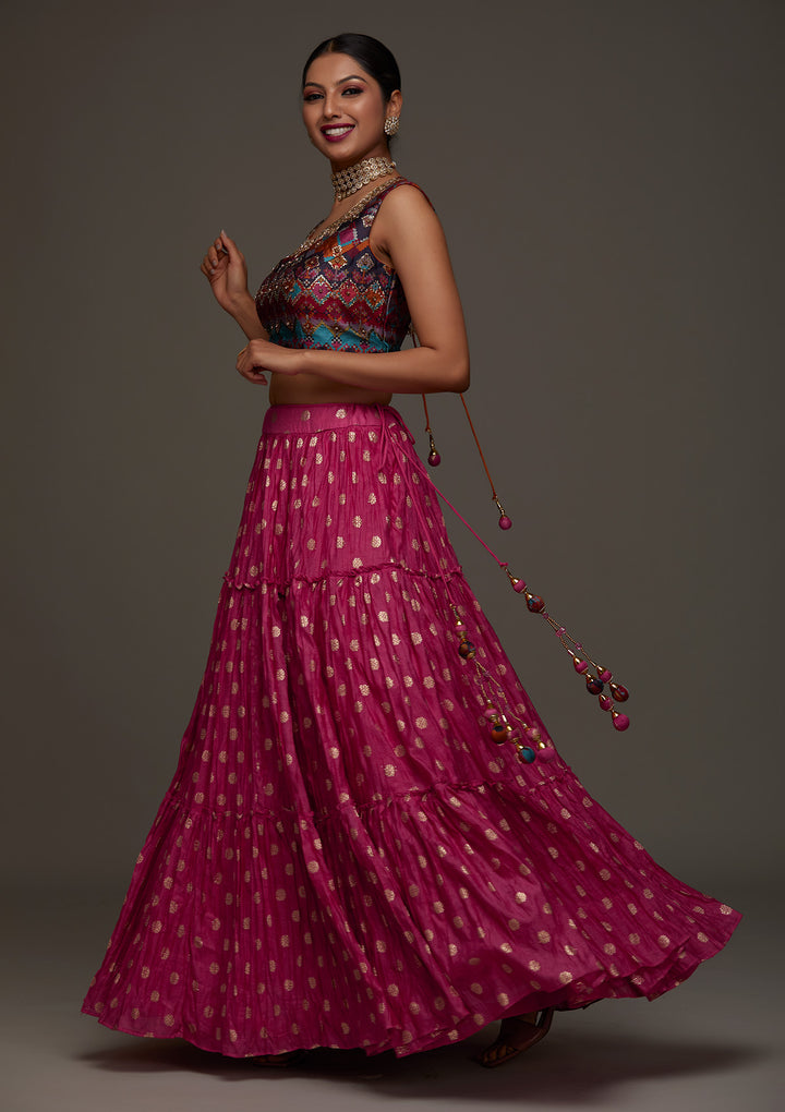 Rani Pink Stonework Raw Silk Designer Lehenga - Koskii