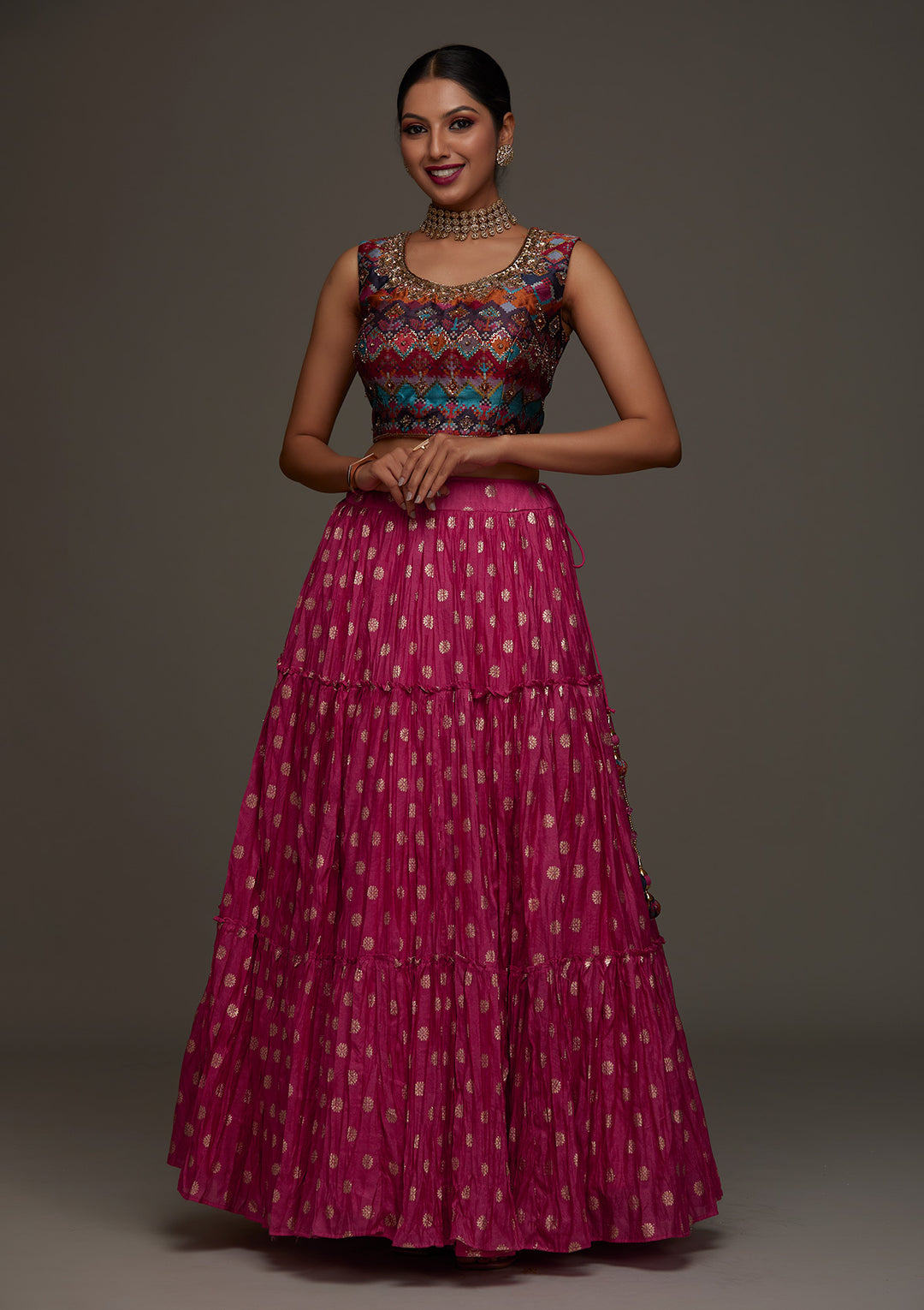 Rani Pink Stonework Raw Silk Designer Lehenga - Koskii