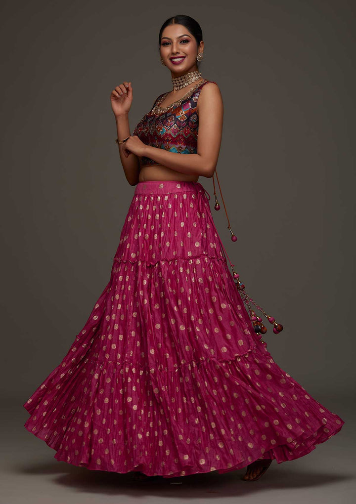 Rani Pink Stonework Raw Silk Designer Lehenga - Koskii