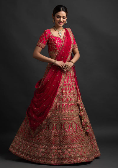 Rani Pink Stonework Raw Silk Designer Semi-Stitched Lehenga - koskii