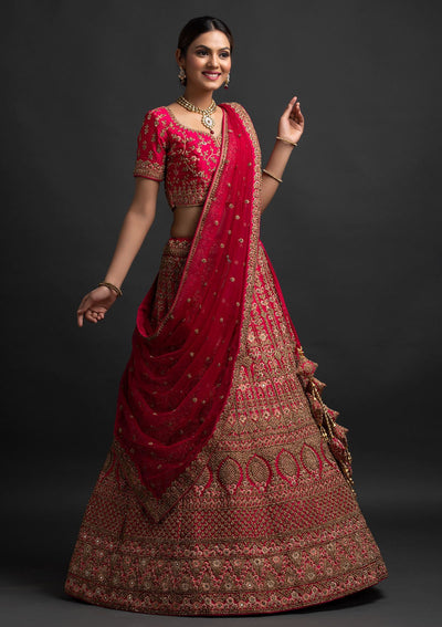 Rani Pink Stonework Raw Silk Designer Semi-Stitched Lehenga - koskii