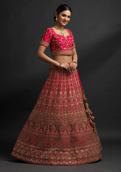 Rani Pink Stonework Raw Silk Designer Semi-Stitched Lehenga - koskii