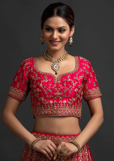 Rani Pink Stonework Raw Silk Designer Semi-Stitched Lehenga - koskii