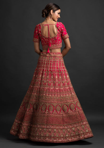 Rani Pink Stonework Raw Silk Designer Semi-Stitched Lehenga - koskii
