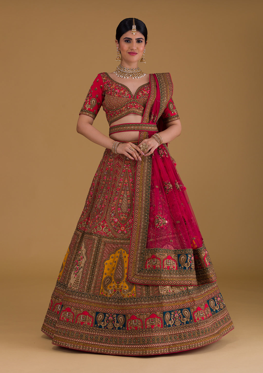 Rani Pink Stonework Raw Silk Designer Lehenga-Koskii