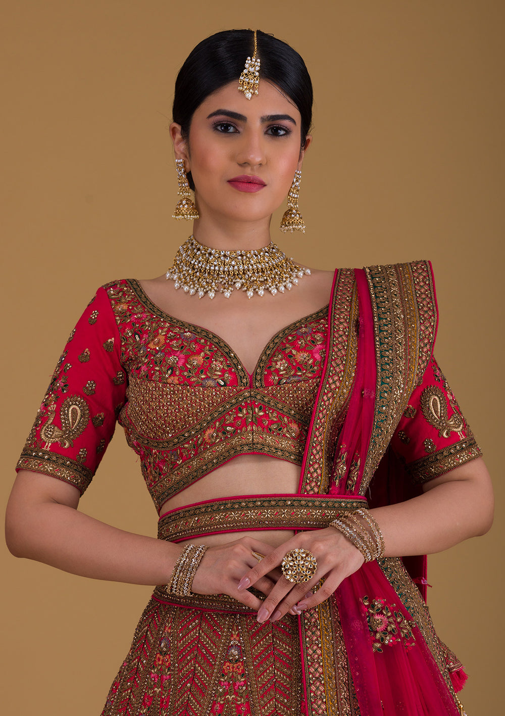 Rani Pink Stonework Raw Silk Designer Lehenga-Koskii