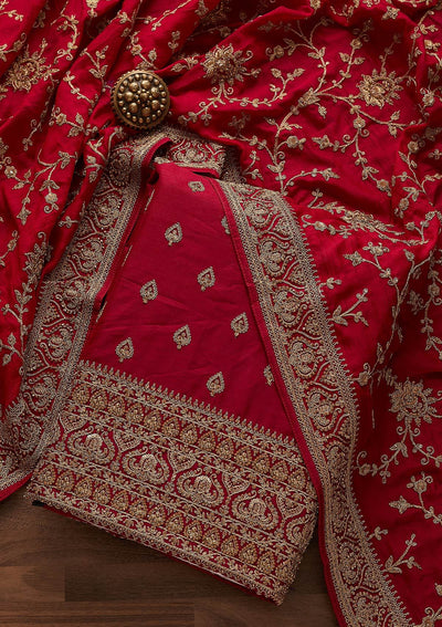 Rani Pink Stonework Raw Silk Designer Unstitched Salwar Suit - Koskii