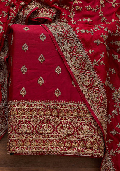 Rani Pink Stonework Raw Silk Designer Unstitched Salwar Suit - Koskii