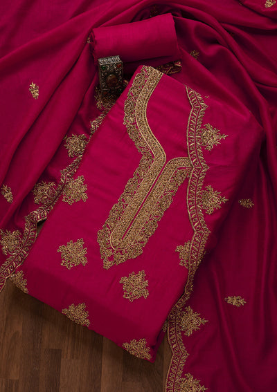 Rani Pink Stonework Raw Silk Unstitched Salwar Suit-Koskii