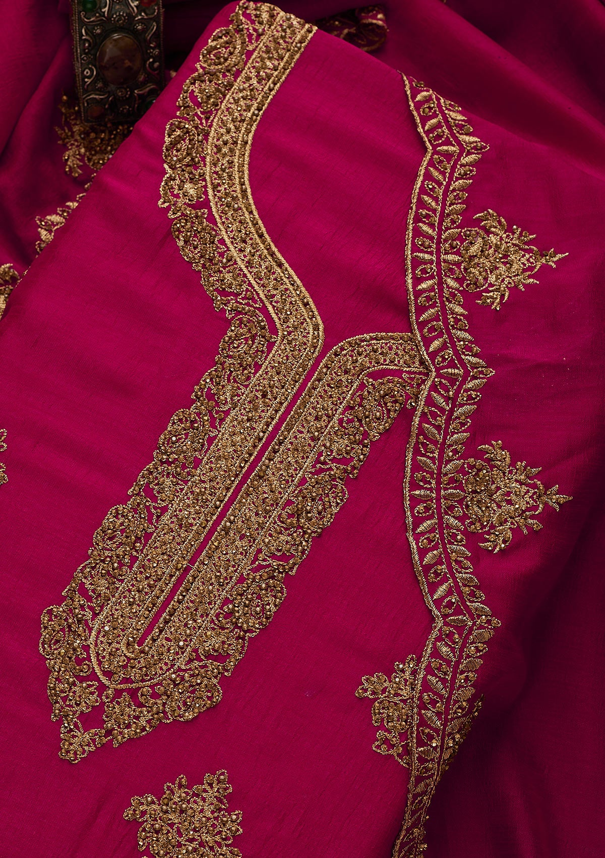 Rani Pink Stonework Raw Silk Unstitched Salwar Suit-Koskii