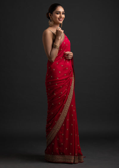 Rani Pink Stonework Raw Silk Designer Saree - koskii