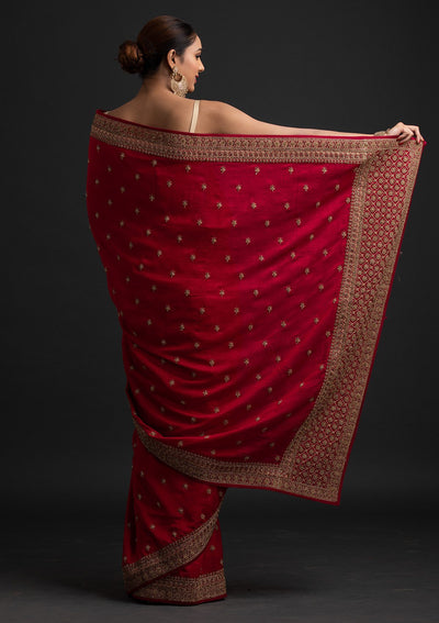 Rani Pink Stonework Raw Silk Designer Saree - koskii