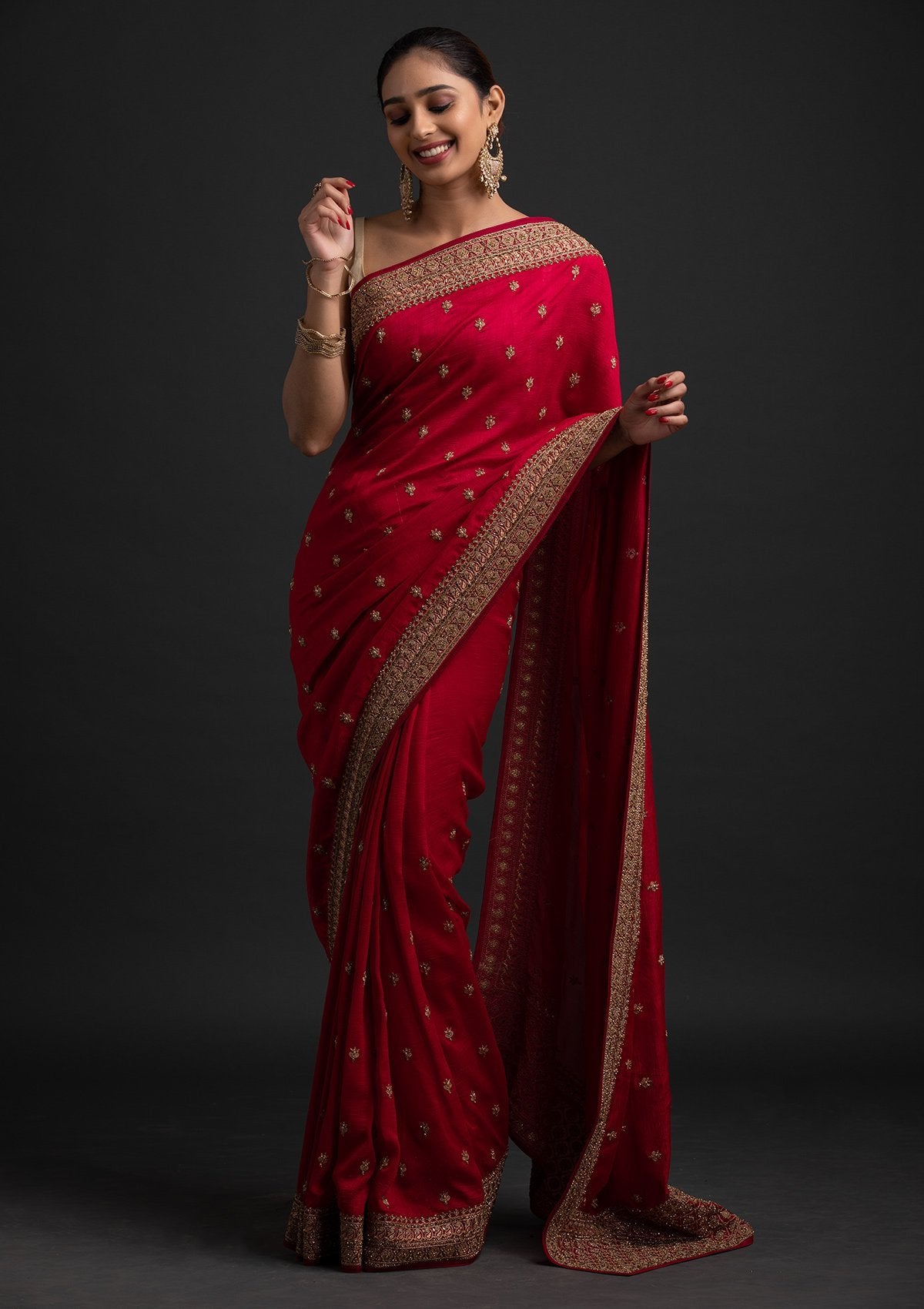 Rani Pink Stonework Raw Silk Designer Saree - koskii