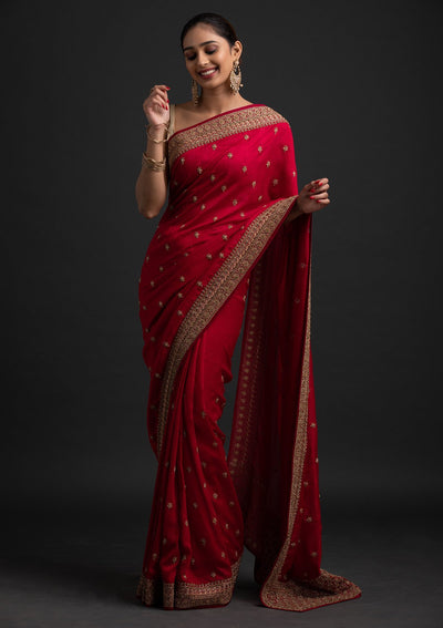 Rani Pink Stonework Raw Silk Designer Saree - koskii
