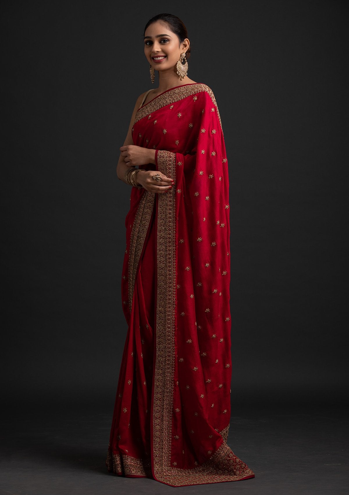 Rani Pink Stonework Raw Silk Designer Saree - koskii