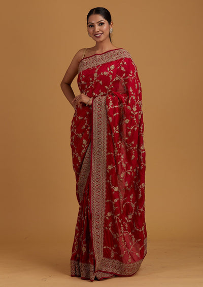 Rani Pink Stonework Raw Silk Designer Saree - Koskii