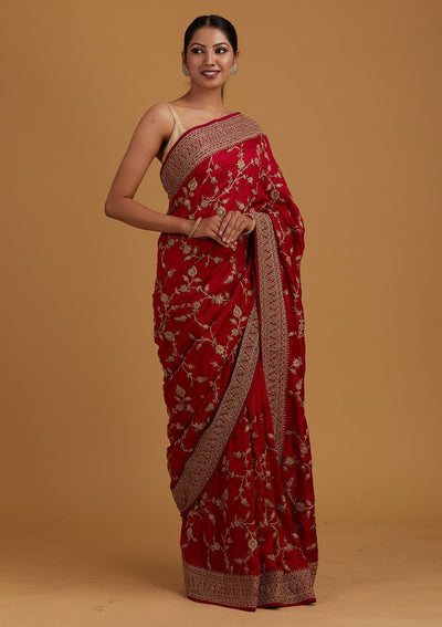 Rani Pink Stonework Raw Silk Designer Saree - Koskii
