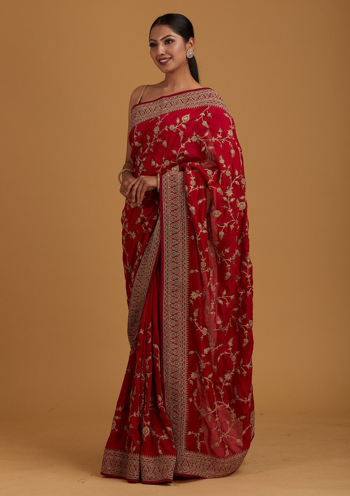 Rani Pink Stonework Raw Silk Designer Saree - Koskii