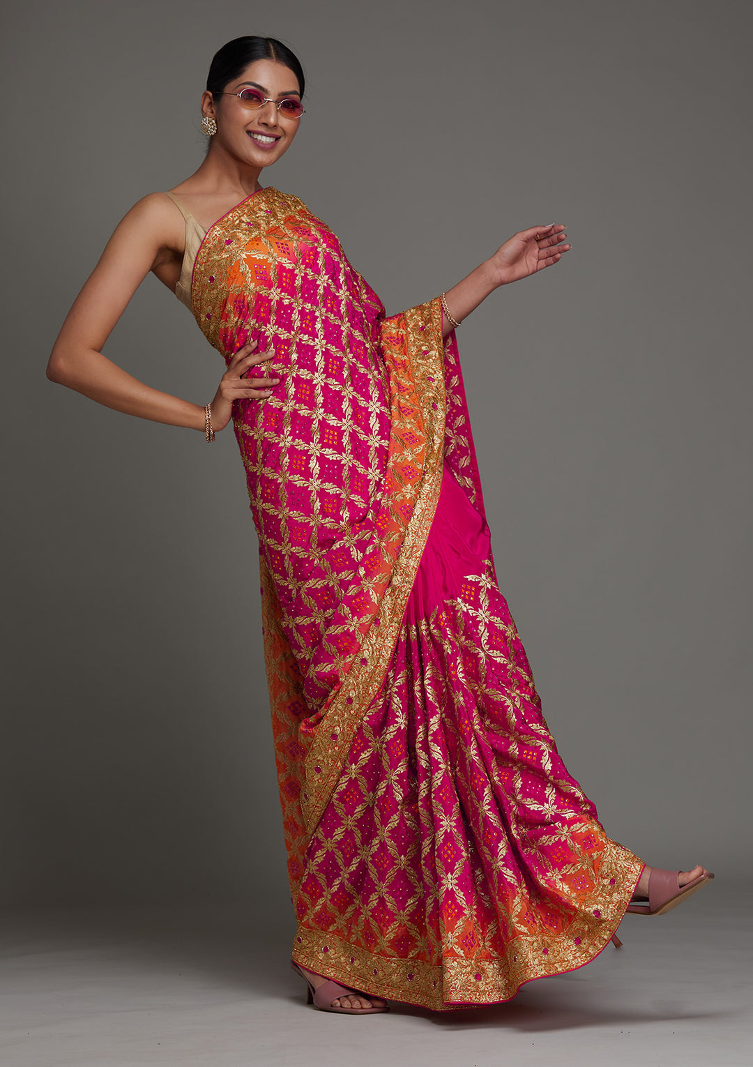 Rani Pink Stonework Semi Crepe Saree- Koskii