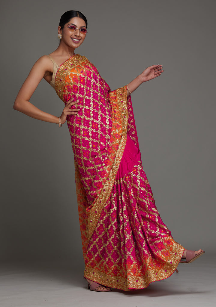 Rani Pink Stonework Semi Crepe Saree- Koskii