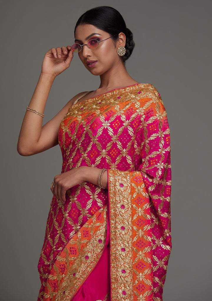 Rani Pink Stonework Semi Crepe Saree - Koskii