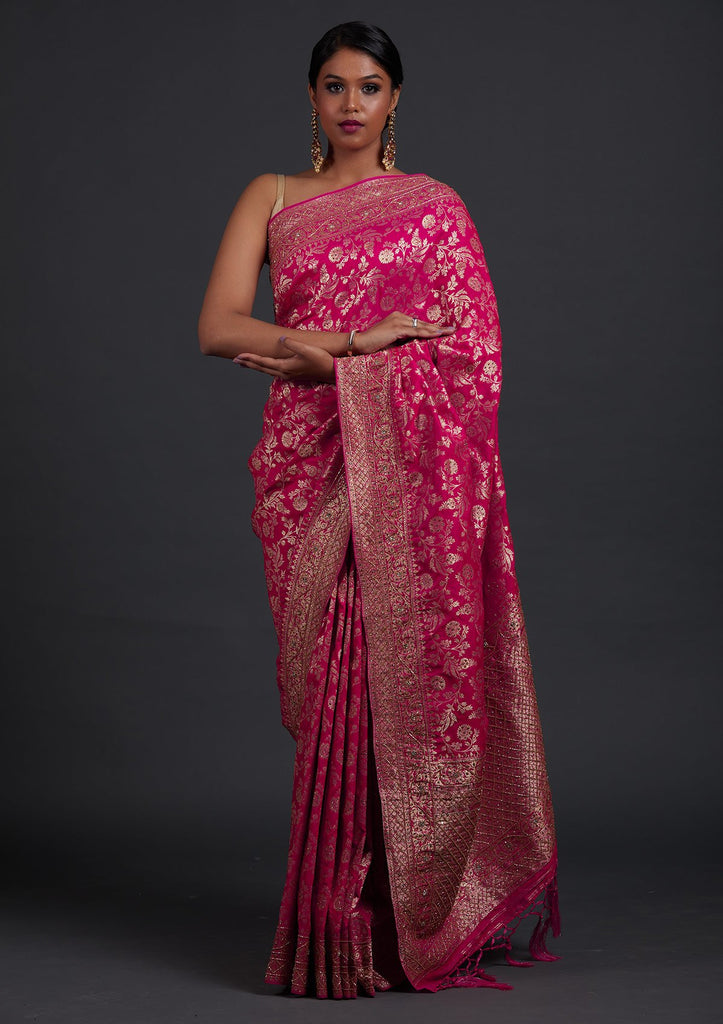 Rani Pink Stonework Semi Crepe Designer Saree, 58% OFF