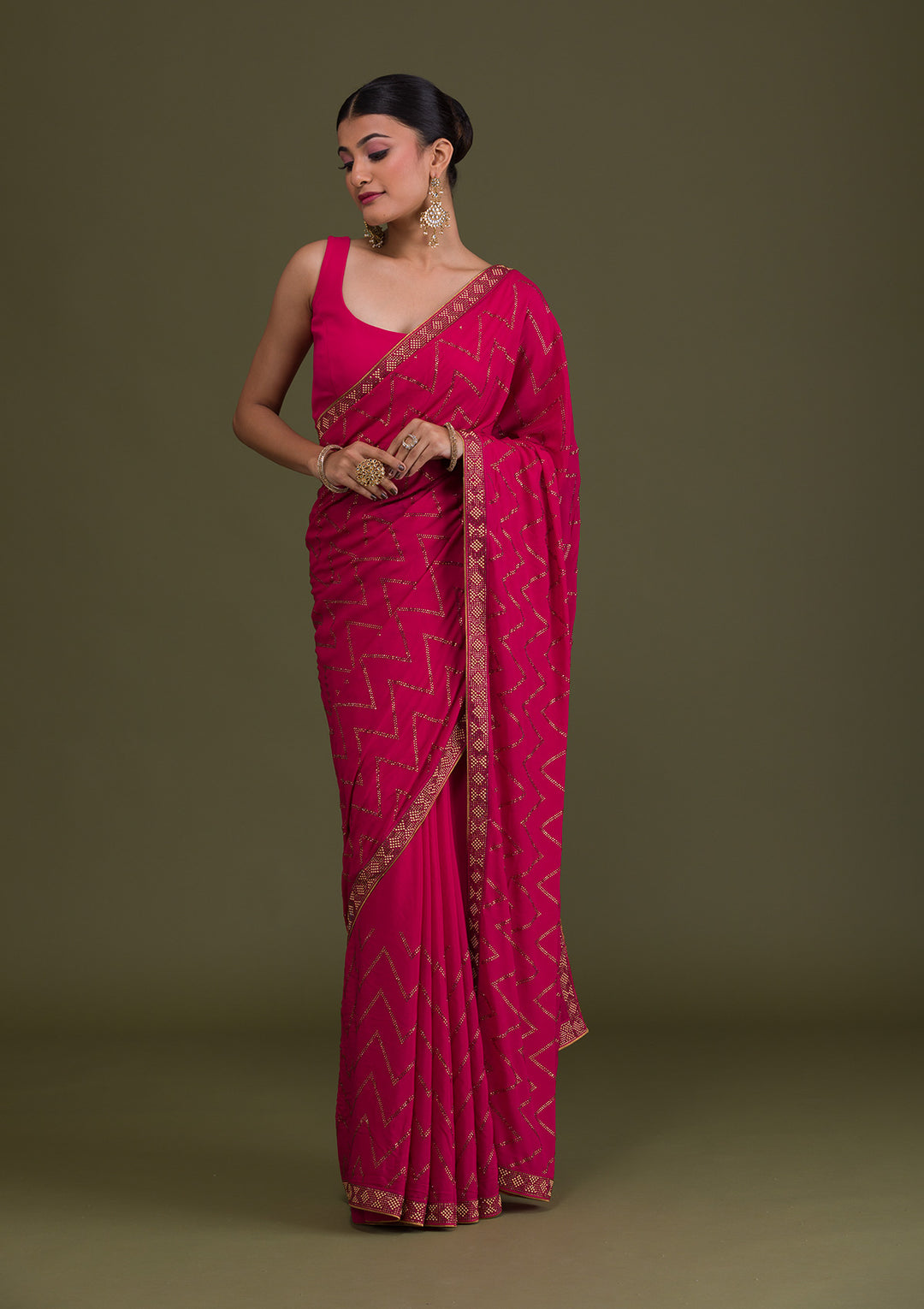 Rani Pink Stonework Semi Crepe Unstitched Saree-Koskii