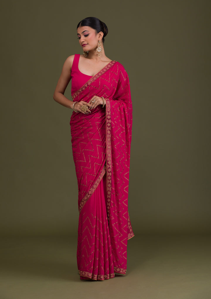 Rani Pink Stonework Semi Crepe Unstitched Saree-Koskii