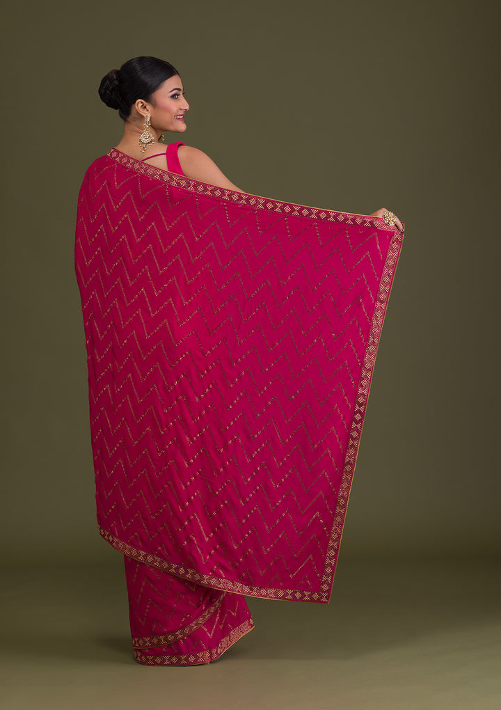 Rani Pink Stonework Semi Crepe Unstitched Saree-Koskii