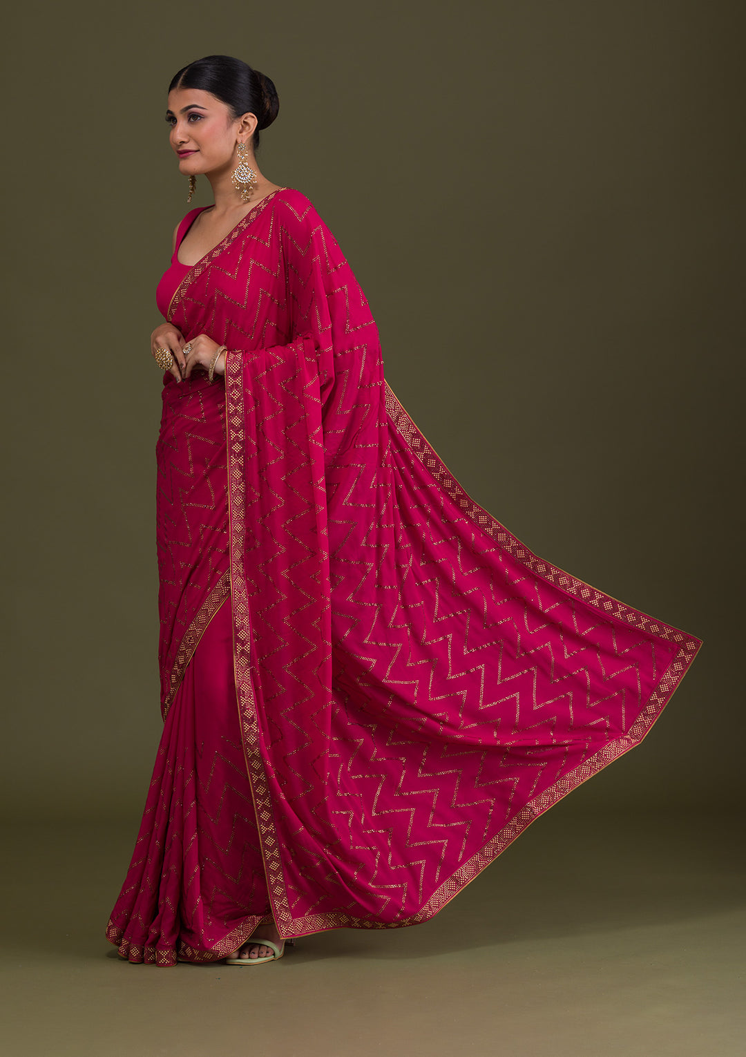 Rani Pink Stonework Semi Crepe Unstitched Saree-Koskii