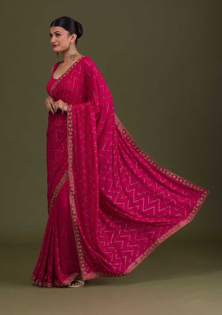 Rani Pink Stonework Semi Crepe Unstitched Saree-Koskii