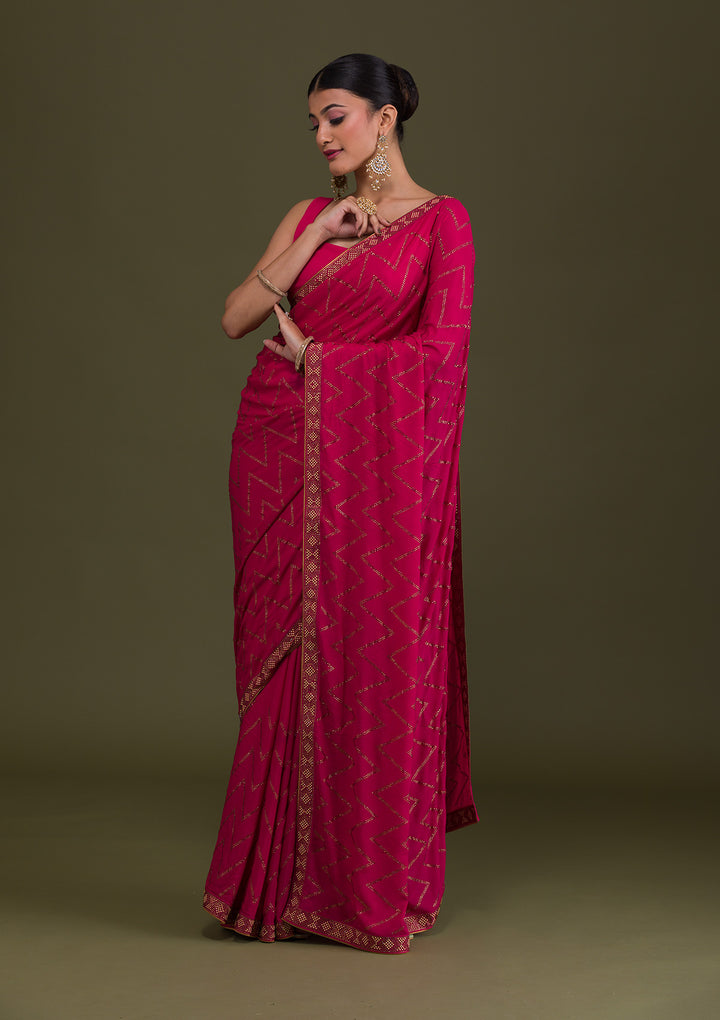Rani Pink Stonework Semi Crepe Unstitched Saree-Koskii