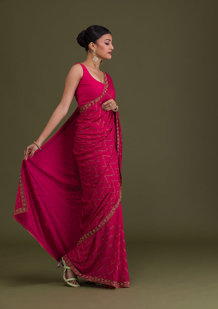 Rani Pink Stonework Semi Crepe Unstitched Saree-Koskii
