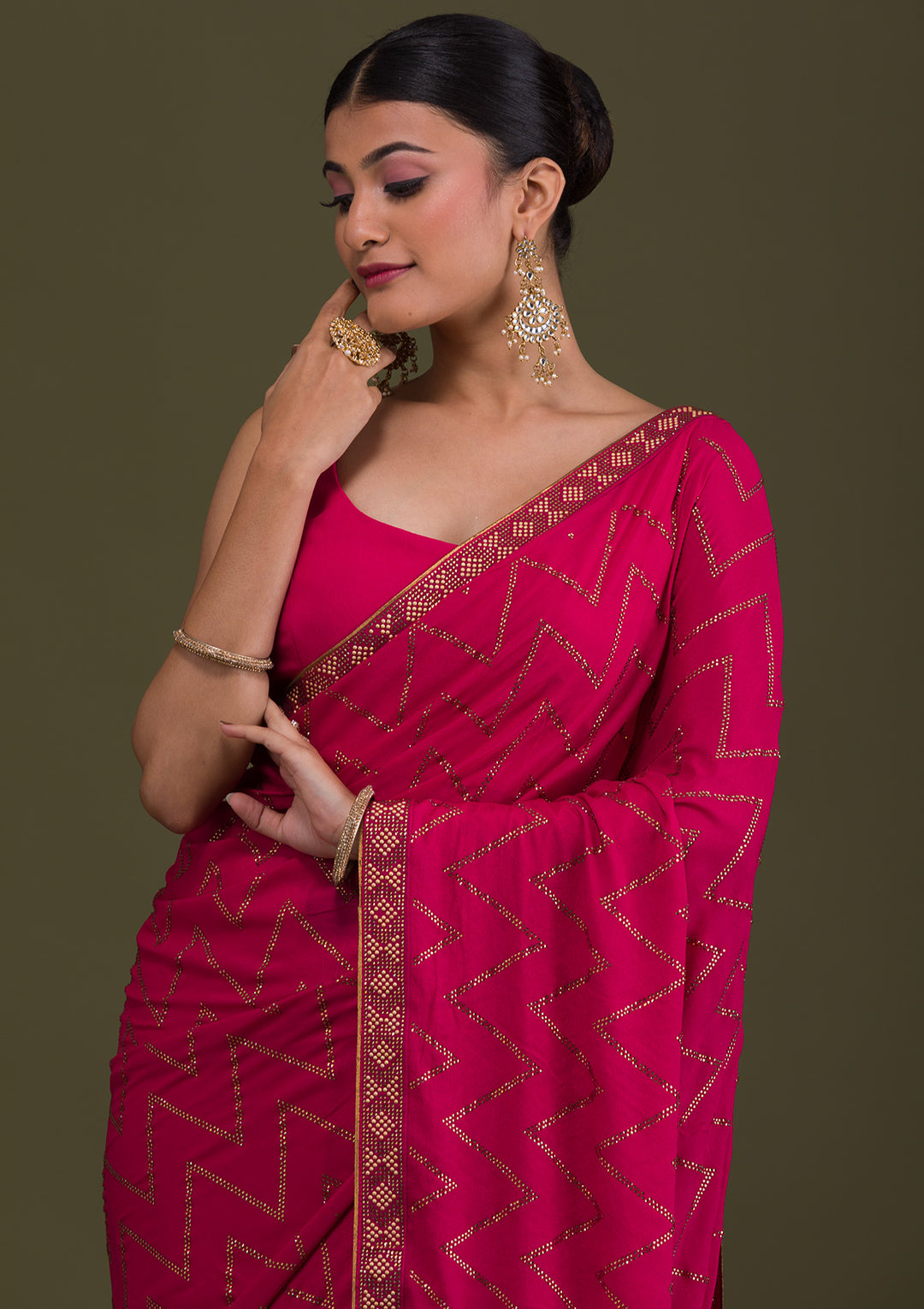 Rani Pink Stonework Semi Crepe Unstitched Saree-Koskii