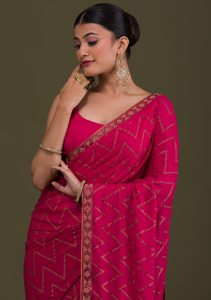 Rani Pink Stonework Semi Crepe Unstitched Saree-Koskii
