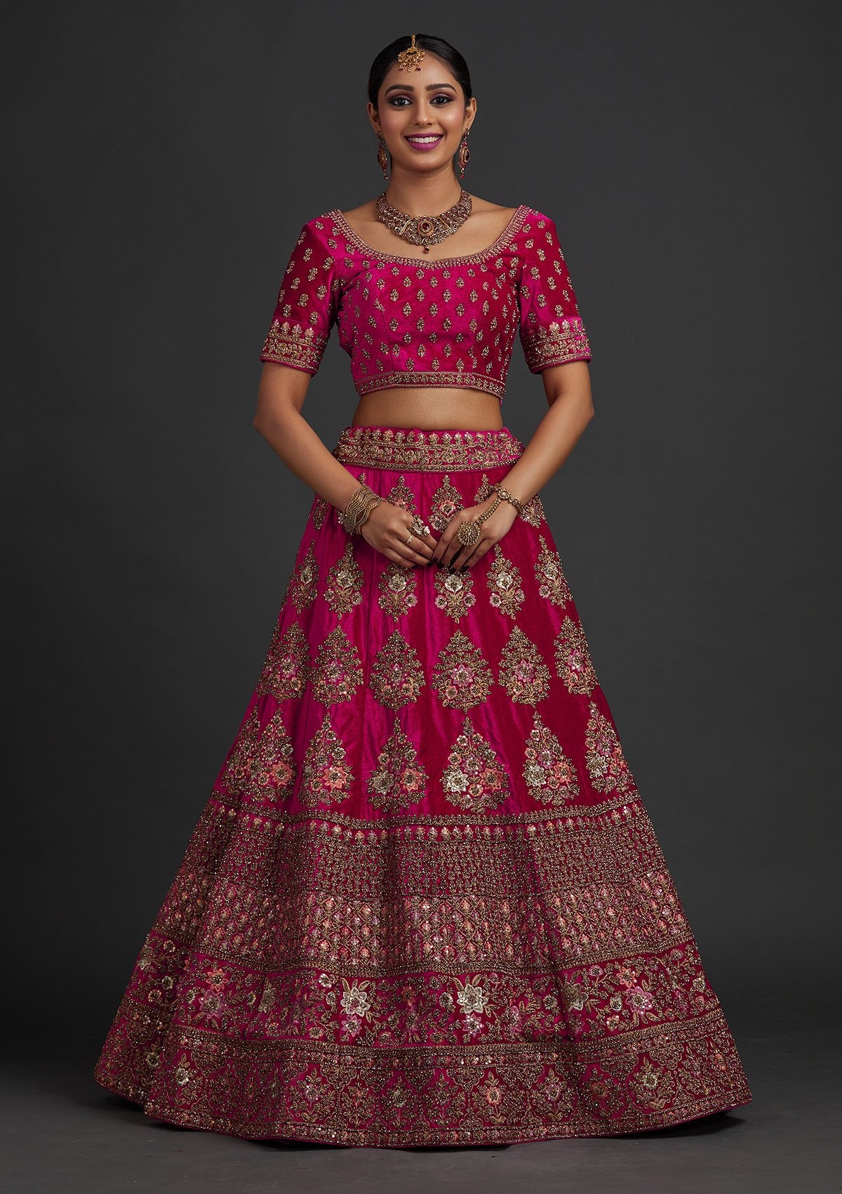 Buy Rani Pink Coding Work Embroidered Net Bridal Lehenga Choli Online from  EthnicPlus for ₹9,449.00