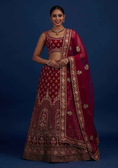 Rani Pink Stonework Velvet Designer Semi-Stitched Lehenga - Koskii