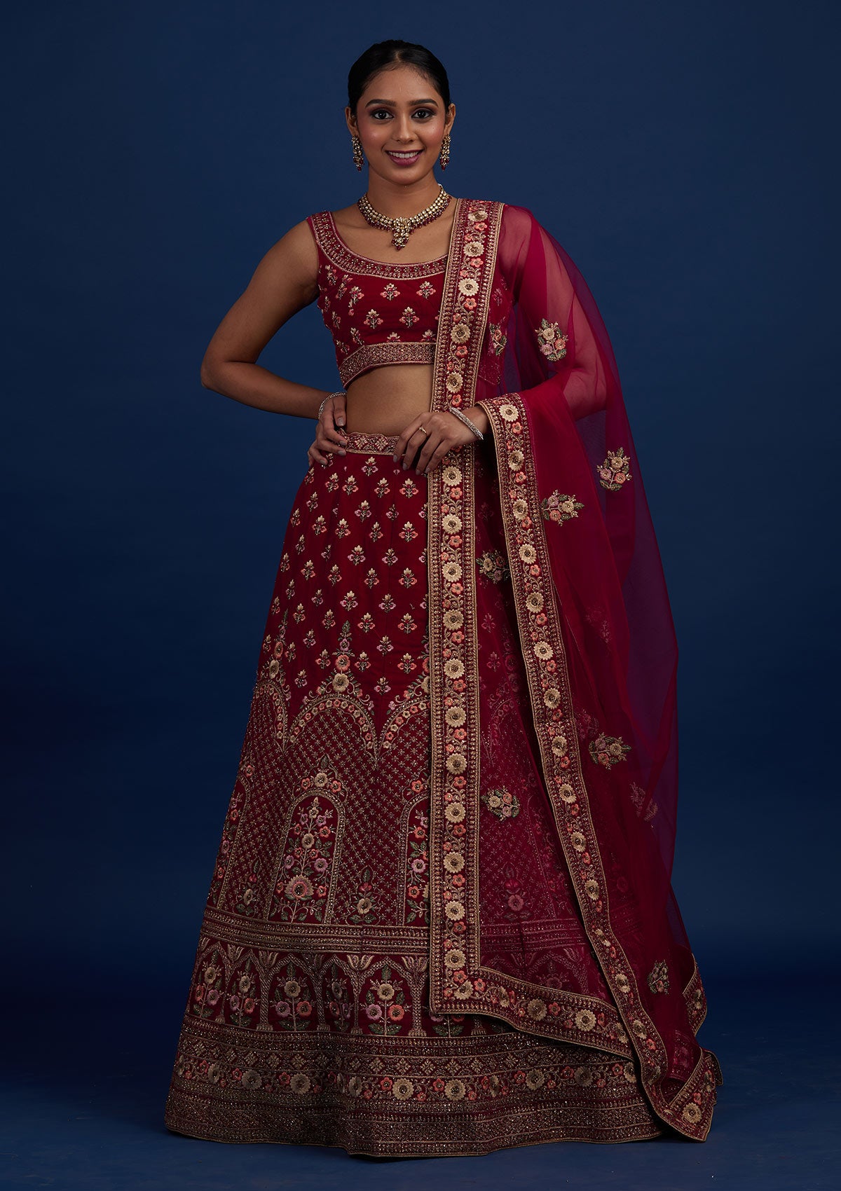 Rani Pink Stonework Velvet Designer Semi-Stitched Lehenga - Koskii